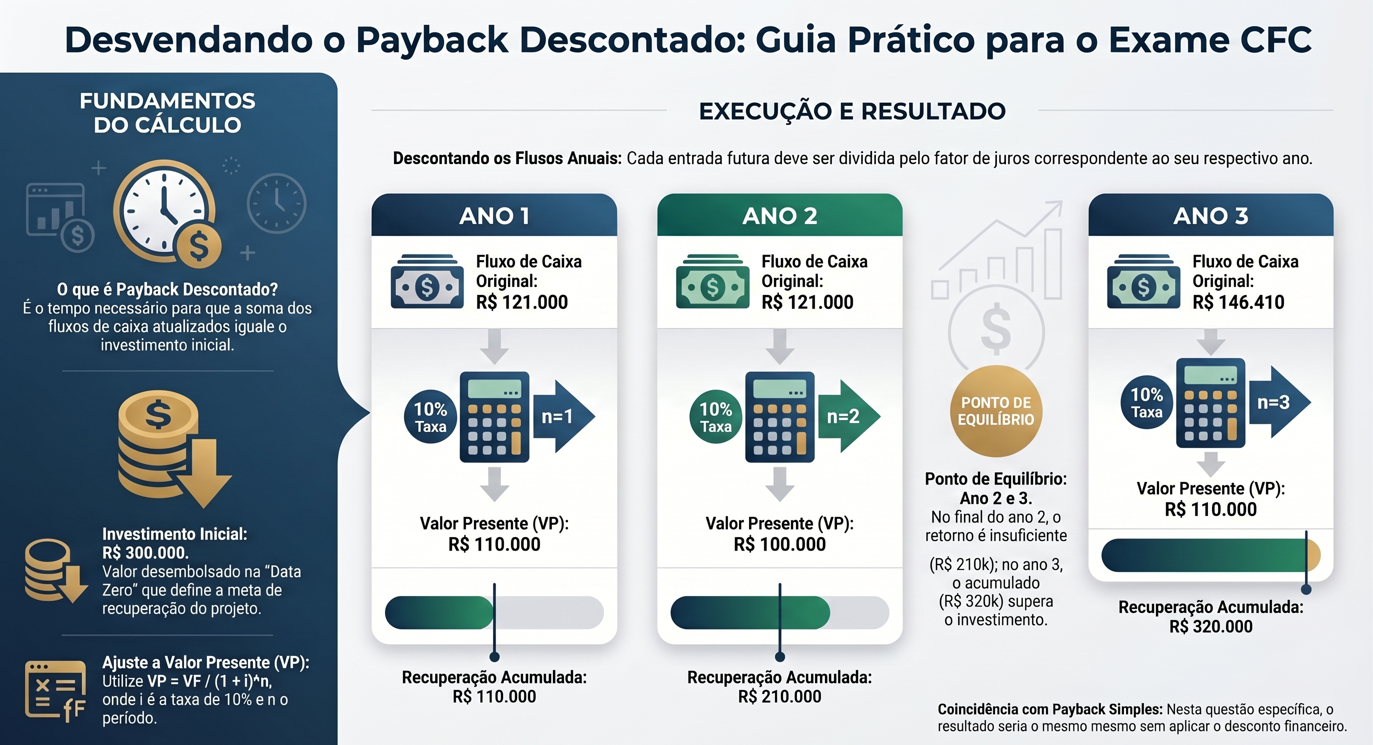 Infográfico Payback Descontado: fórmula VP = FC ÷ (1+i)^t, tabela de fluxos descontados acumulados e critério de recuperação do investimento