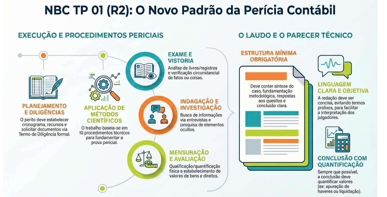 Infográfico NBC TP 01 (R2): execução e procedimentos periciais, estrutura mínima obrigatória do laudo e parecer técnico contábil, linguagem clara e conclusão com quantificação