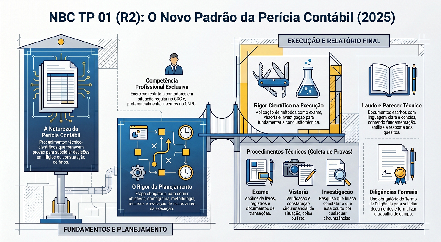 Infográfico NBC TP 01 (R2): fundamentos, planejamento, procedimentos técnicos (exame, vistoria, investigação, indagação, mensuração) e relatório final da perícia contábil